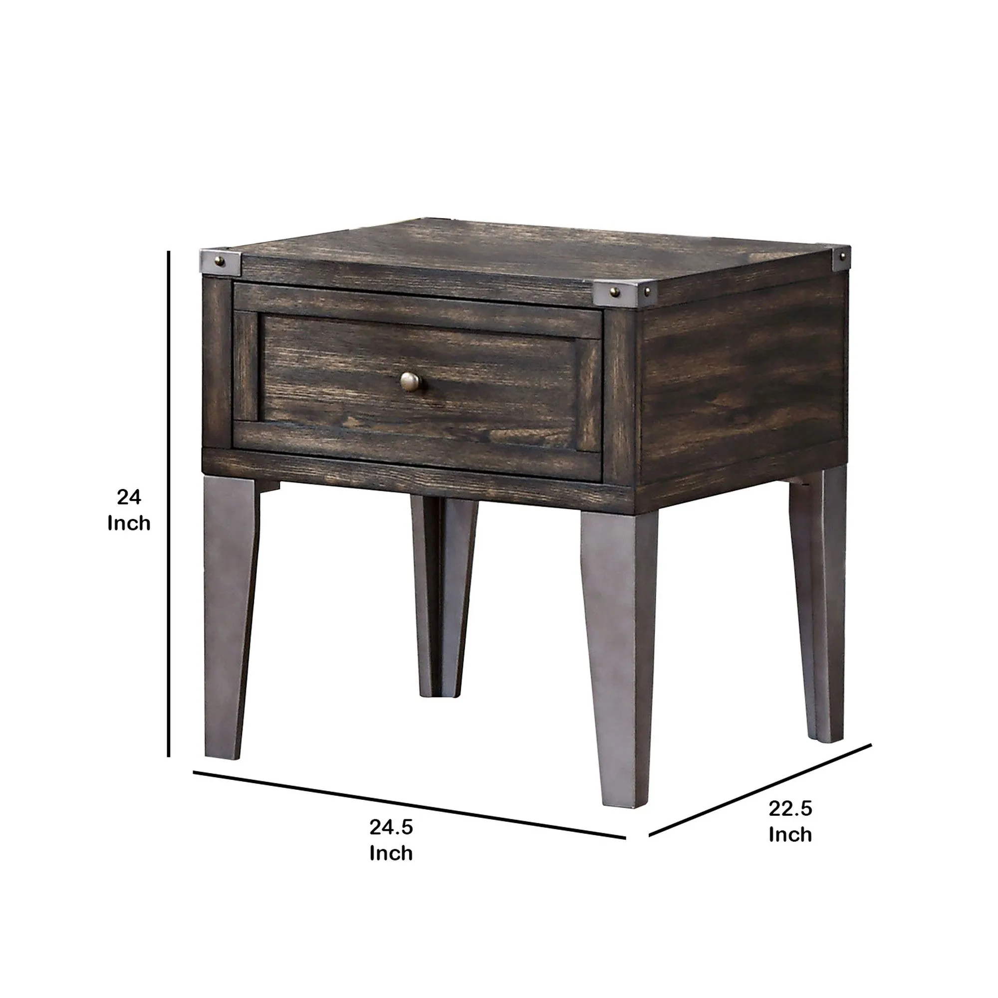 1 Drawer Wooden End Table with Metal Angled Legs, Brown By Benzara