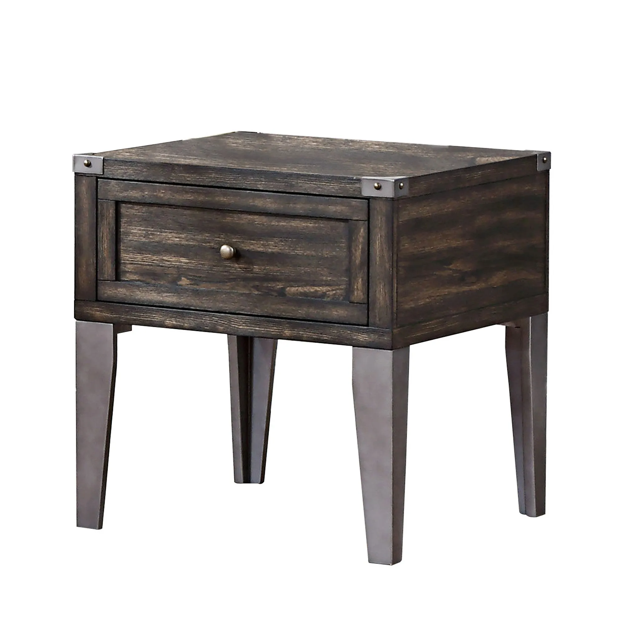 1 Drawer Wooden End Table with Metal Angled Legs, Brown By Benzara