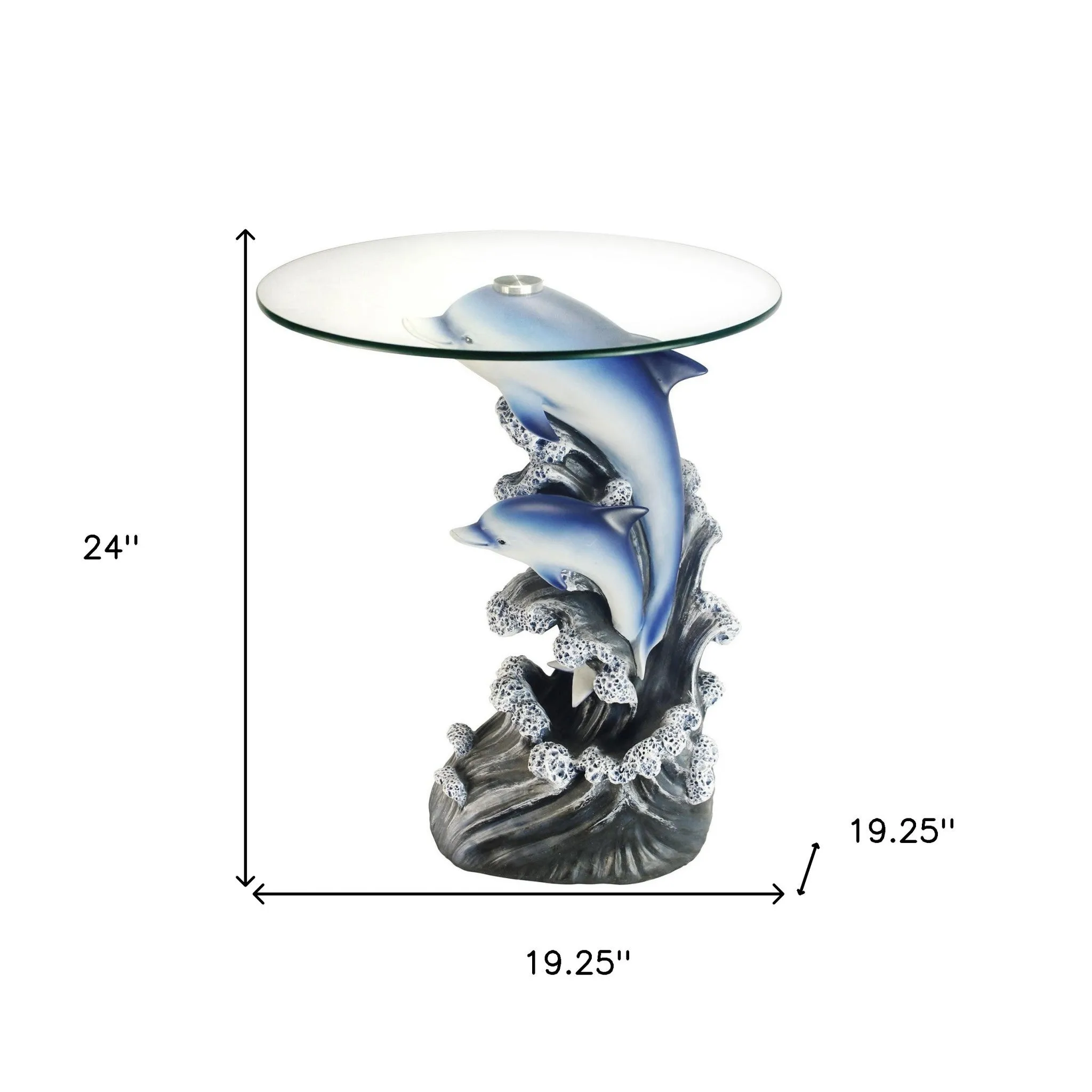 24" Blue And Clear Glass Polyresin Dolphins Round End Table By Homeroots