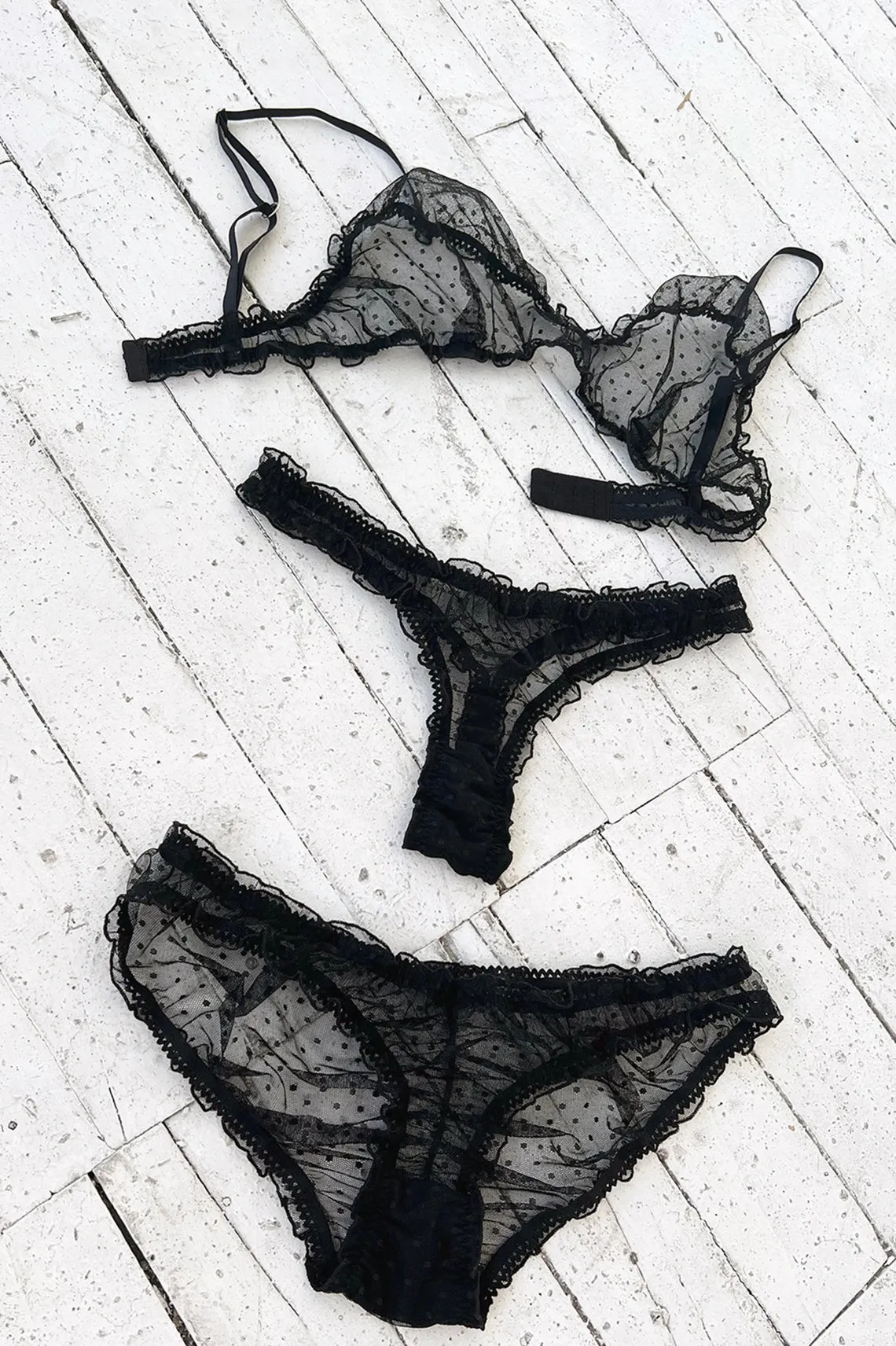 3 PIECE GIFT SET | Oleander Bralette   Bloomer   Thong in Sheer Dotted Mesh