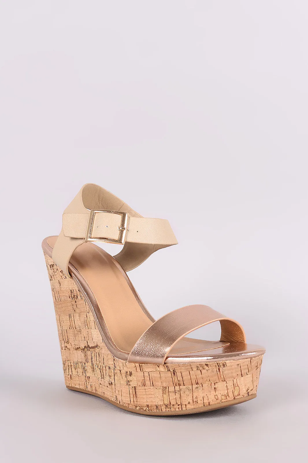 Bamboo Metallic Open Toe Platform Wedge