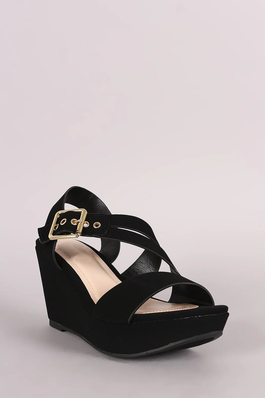 Bamboo Nubuck Asymmetrical Strappy Platform Wedge