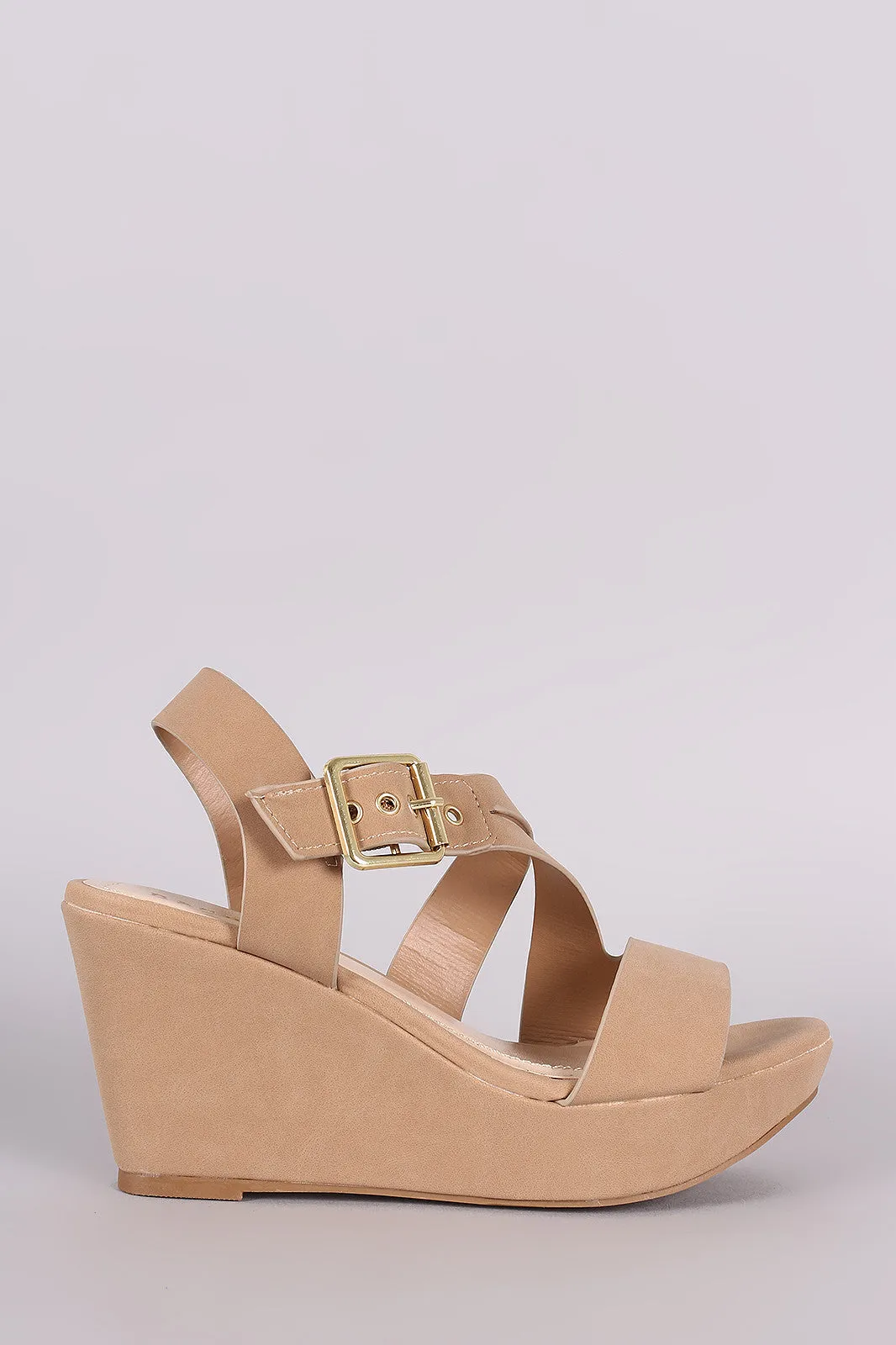 Bamboo Nubuck Asymmetrical Strappy Platform Wedge