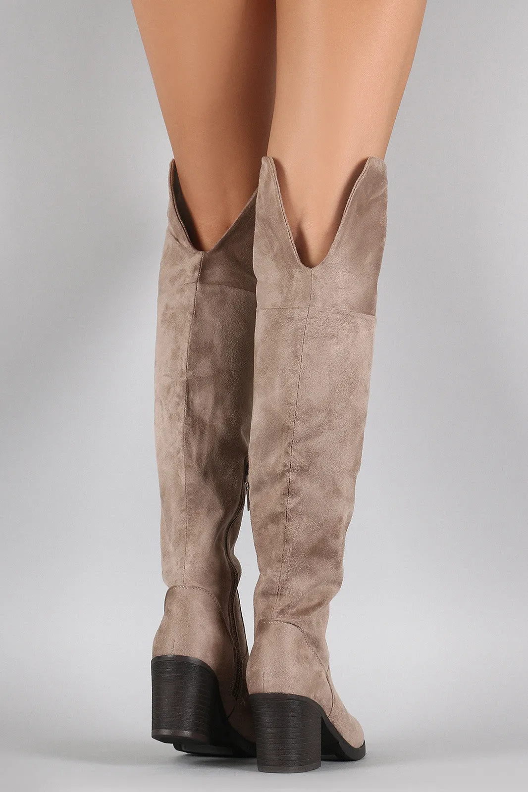 Bamboo Suede Folded Cuff Chunky Heeled Riding Boots