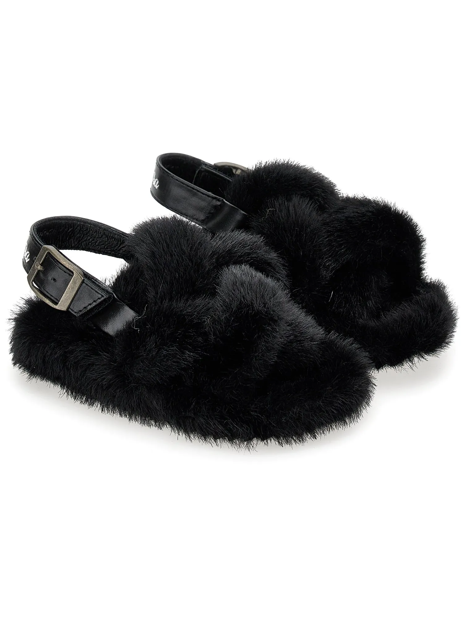 Black Fur Logo Slingback Slipper