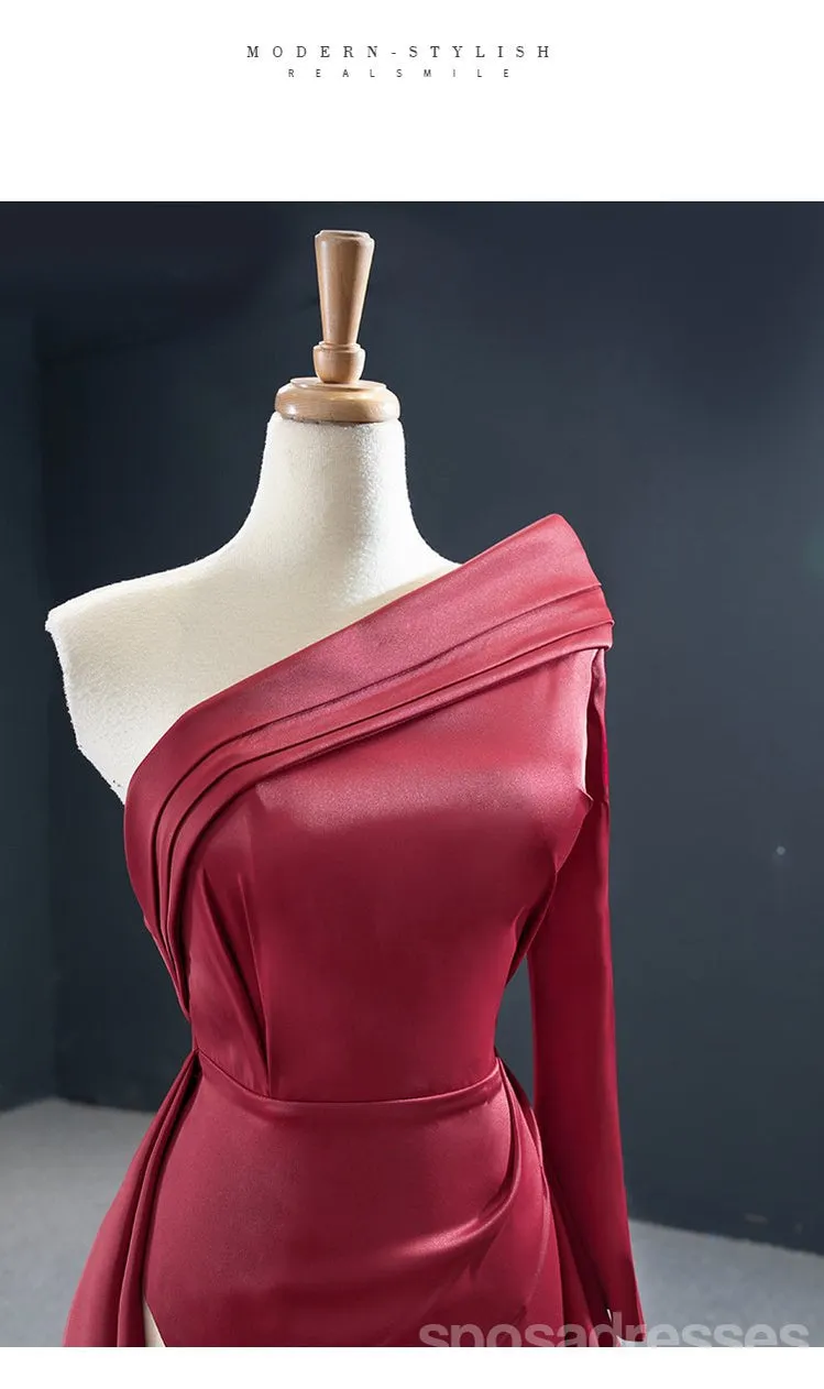 Burgundy Mermaid Long Sleeves One Shoulder High Slit Prom Dresses Online,Dance Dresses,12590