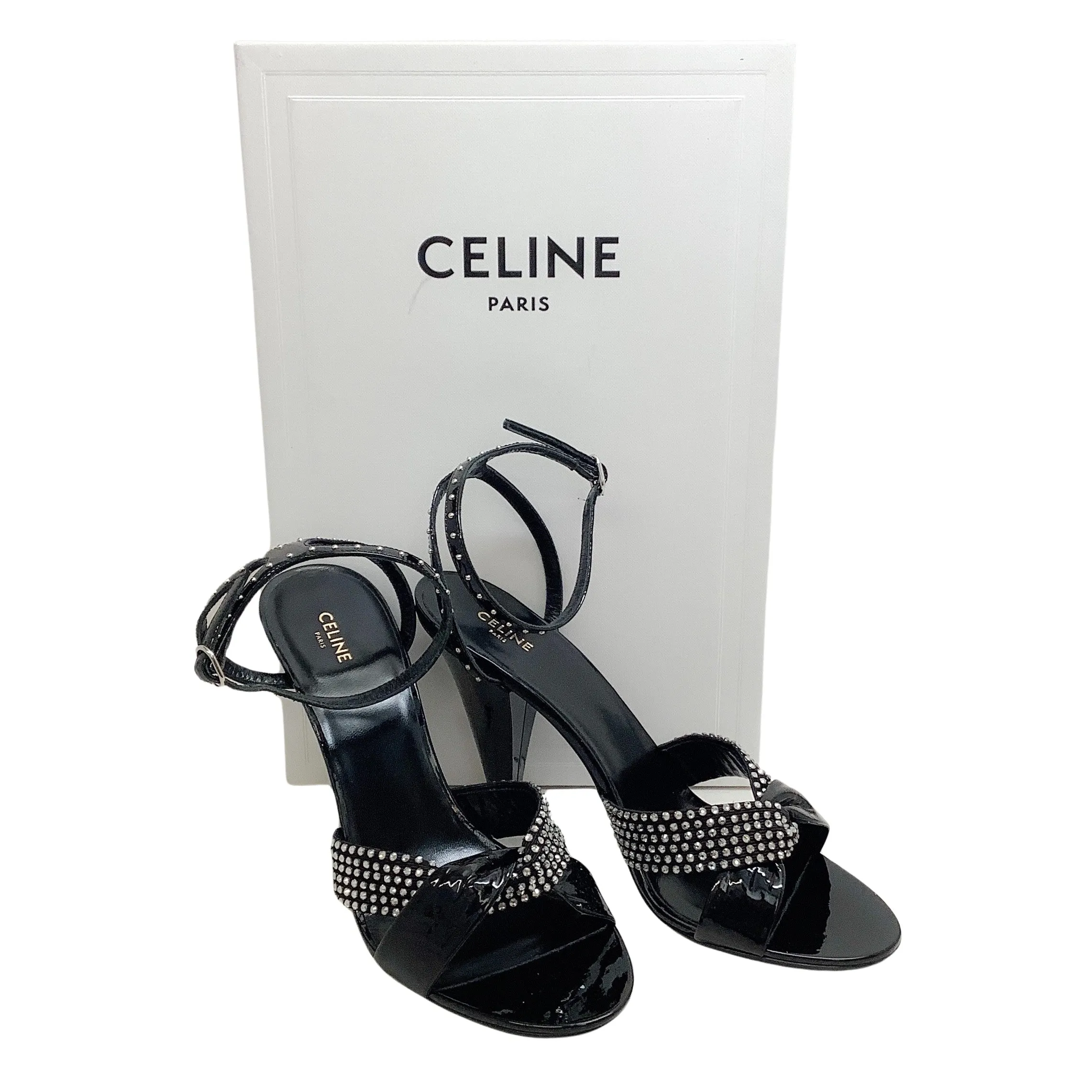 Celine Black Patent Edwige Sandals with Crystal Embellishments