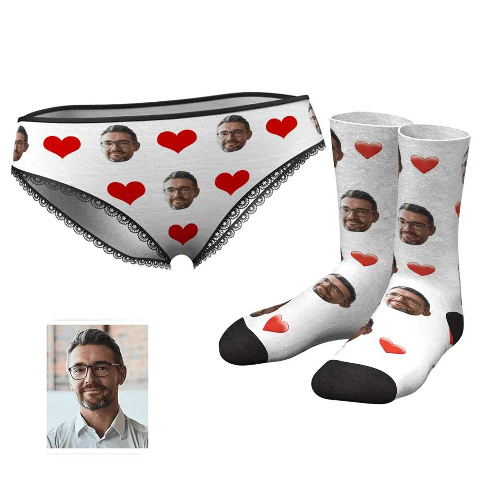 Couple Women's Custom Face Heart Panties And Crew Socks Set