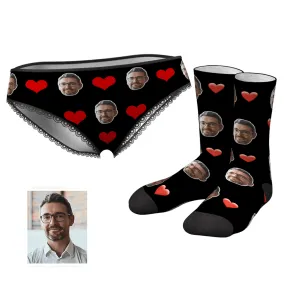 Couple Women's Custom Face Heart Panties And Crew Socks Set