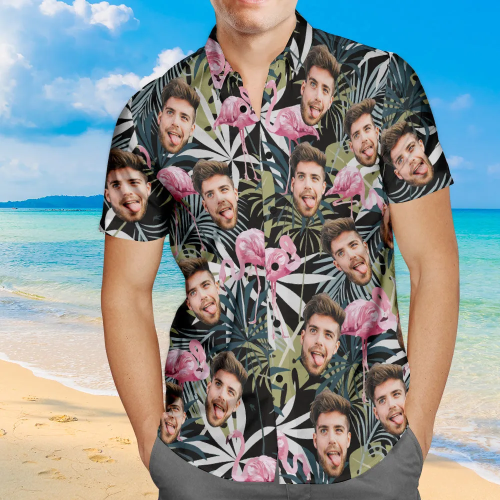 Custom Face Hawaiian Shirt Leaves and Flamingo Personalized Aloha Beach Shirt For Men