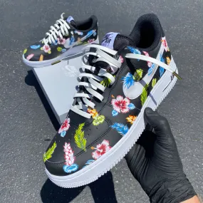 Custom Hand Painted Tropical Floral Black Nike Air Force 1 Low