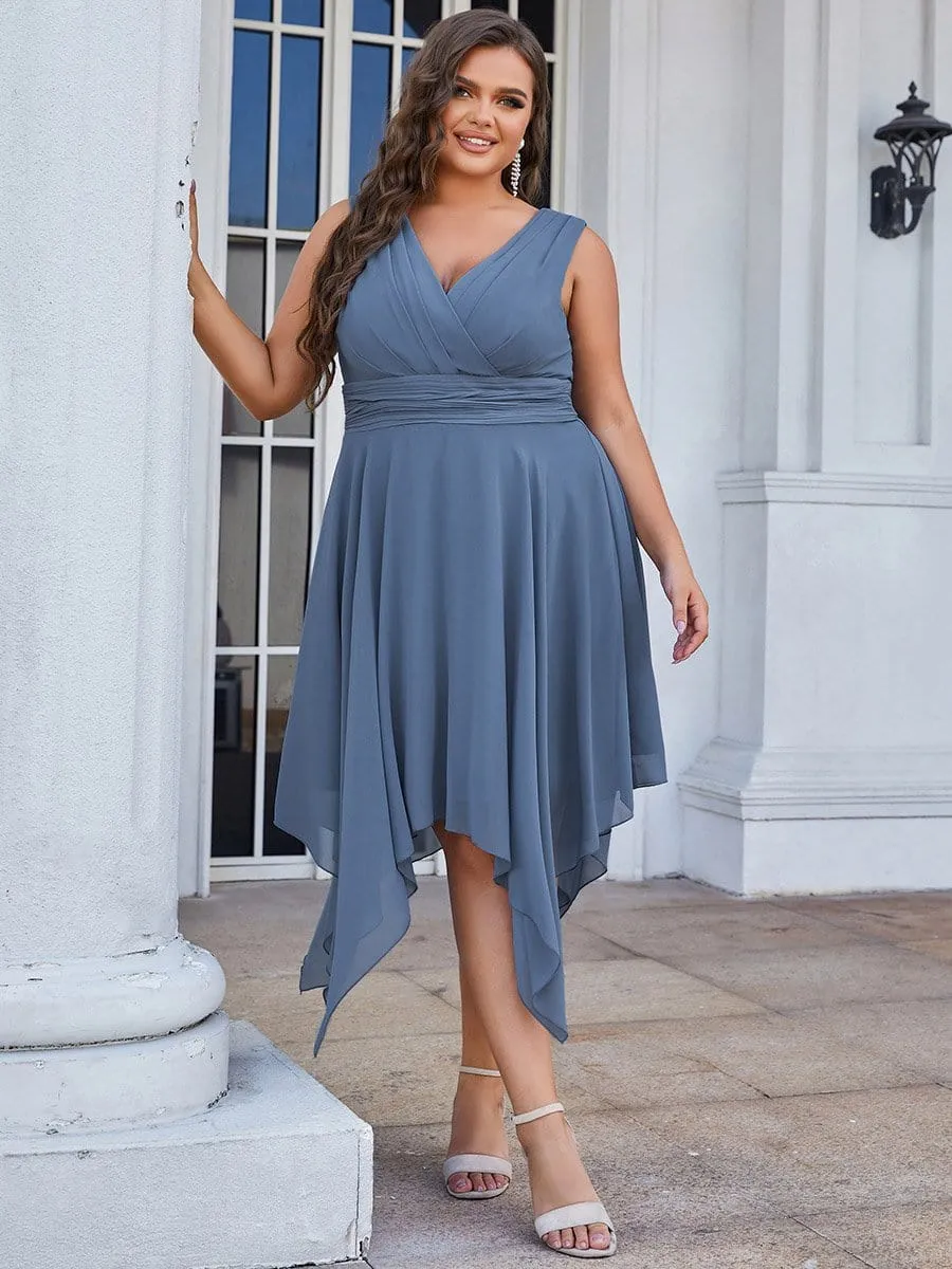 Custom Size Chiffon Double V Neck Asymmetrical Hem Dress