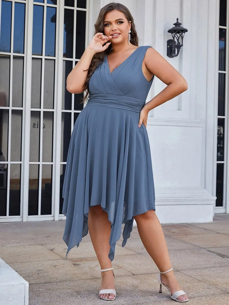 Custom Size Chiffon Double V Neck Asymmetrical Hem Dress