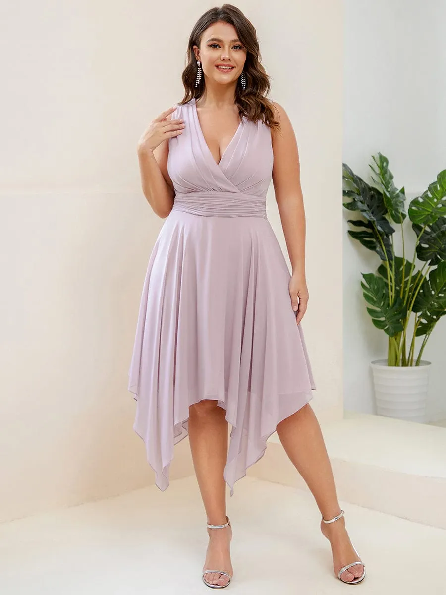 Custom Size Chiffon Double V Neck Asymmetrical Hem Dress