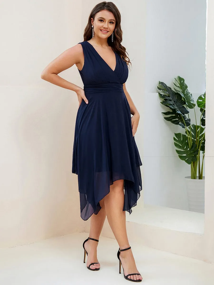 Custom Size Chiffon Double V Neck Asymmetrical Hem Dress