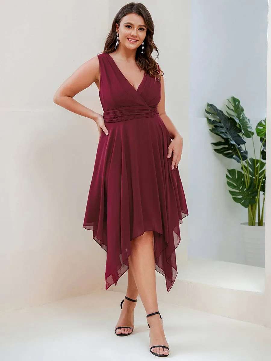 Custom Size Chiffon Double V Neck Asymmetrical Hem Dress