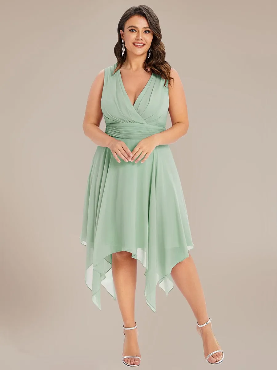 Custom Size Chiffon Double V Neck Asymmetrical Hem Dress