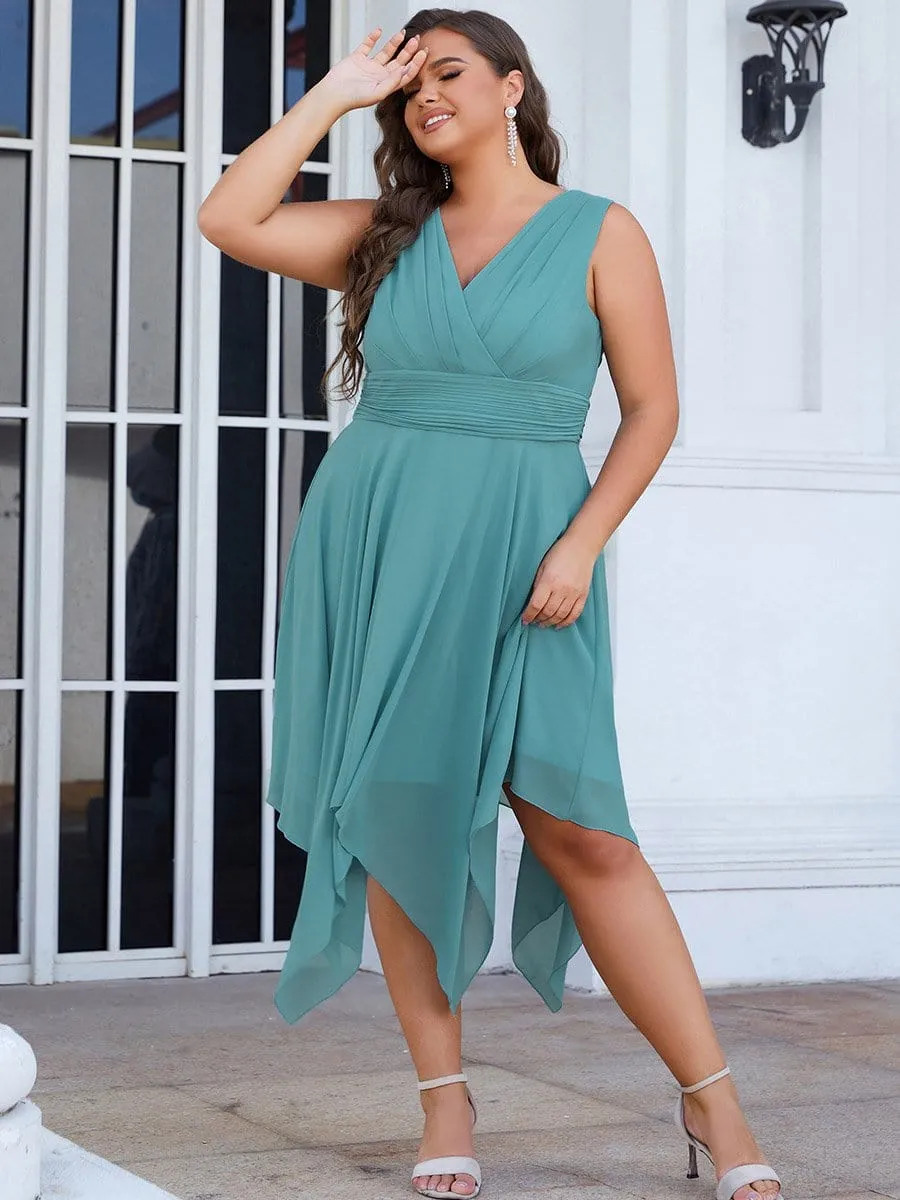 Custom Size Chiffon Double V Neck Asymmetrical Hem Dress