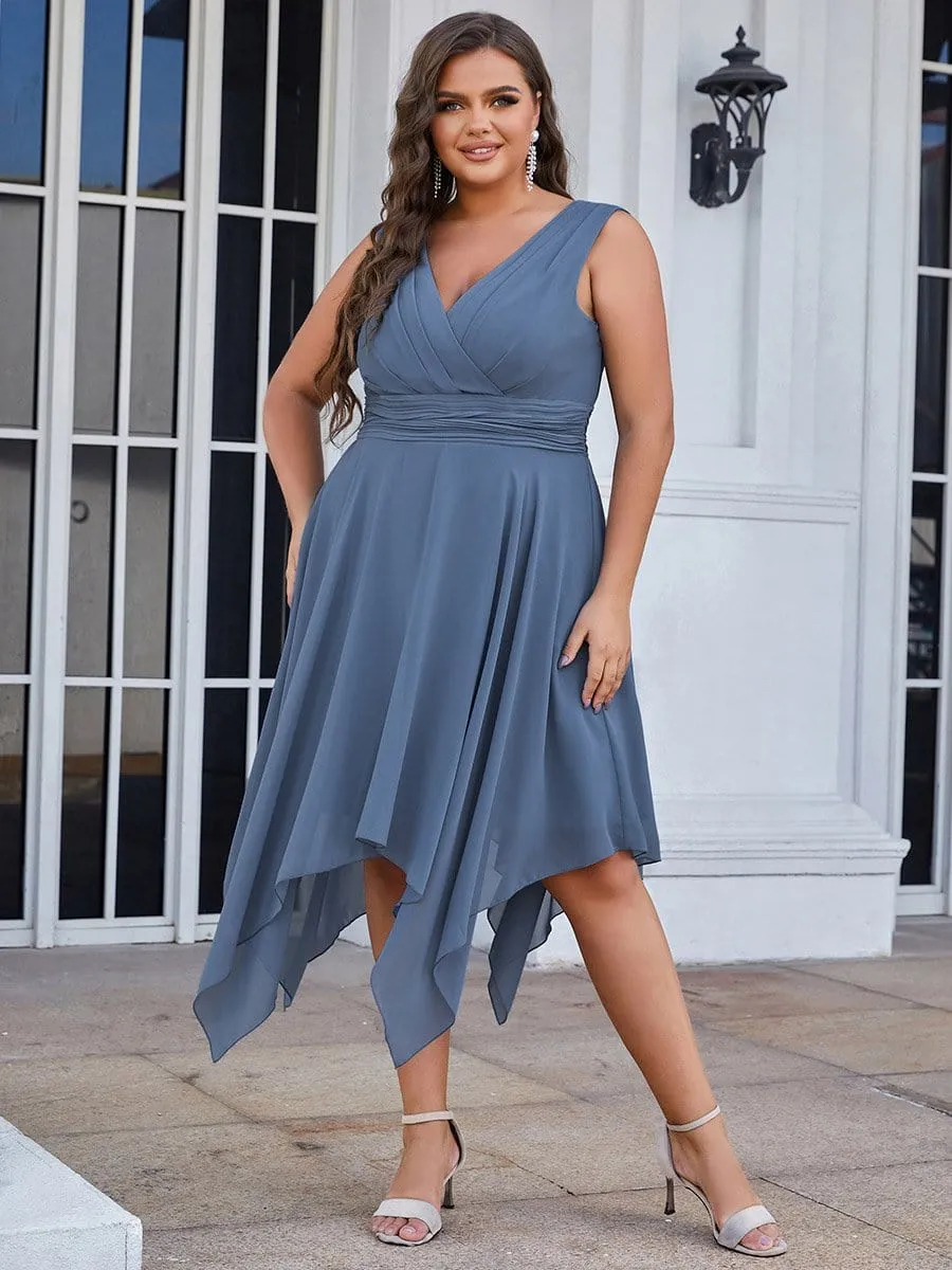 Custom Size Chiffon Double V Neck Asymmetrical Hem Dress