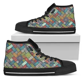 Diagonal Floral Tiles - Women's High Top Shoes (Black)