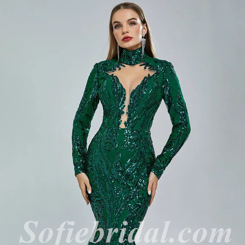 Elegant Dark Green Special Fabric Long Sleeve High Neck Mermaid Long Prom Dresses,SFPD0341