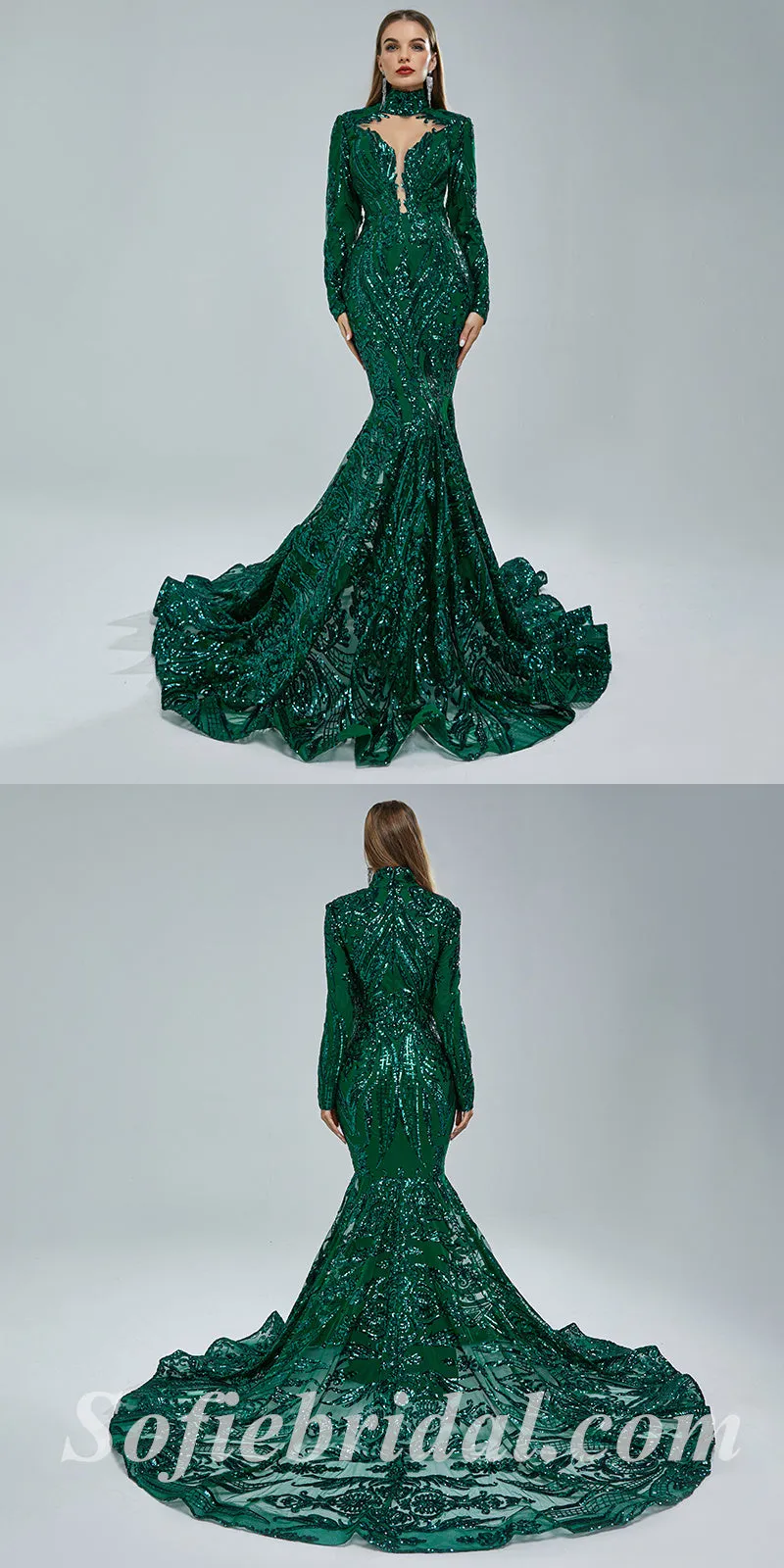 Elegant Dark Green Special Fabric Long Sleeve High Neck Mermaid Long Prom Dresses,SFPD0341