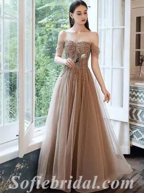 Elegant Tulle Off Shoulder Sleeveless Lace Up A-Line Long Prom Dresses With Applique And Besding,SFPD0592