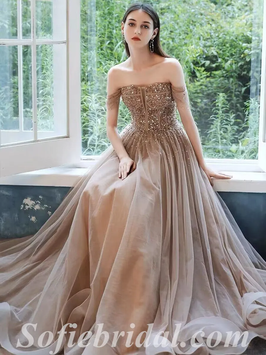 Elegant Tulle Off Shoulder Sleeveless Lace Up A-Line Long Prom Dresses With Applique And Besding,SFPD0592