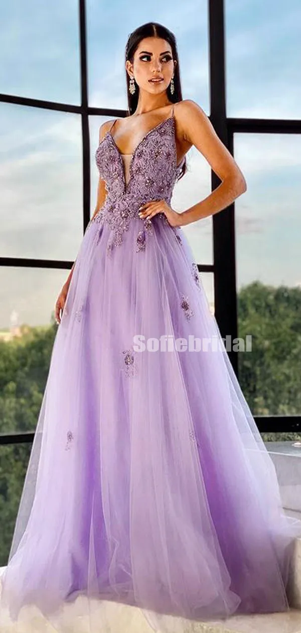 Elegant V-neck A-line Tulle Lace Floor-length Long Prom Dresses,SFPD0133