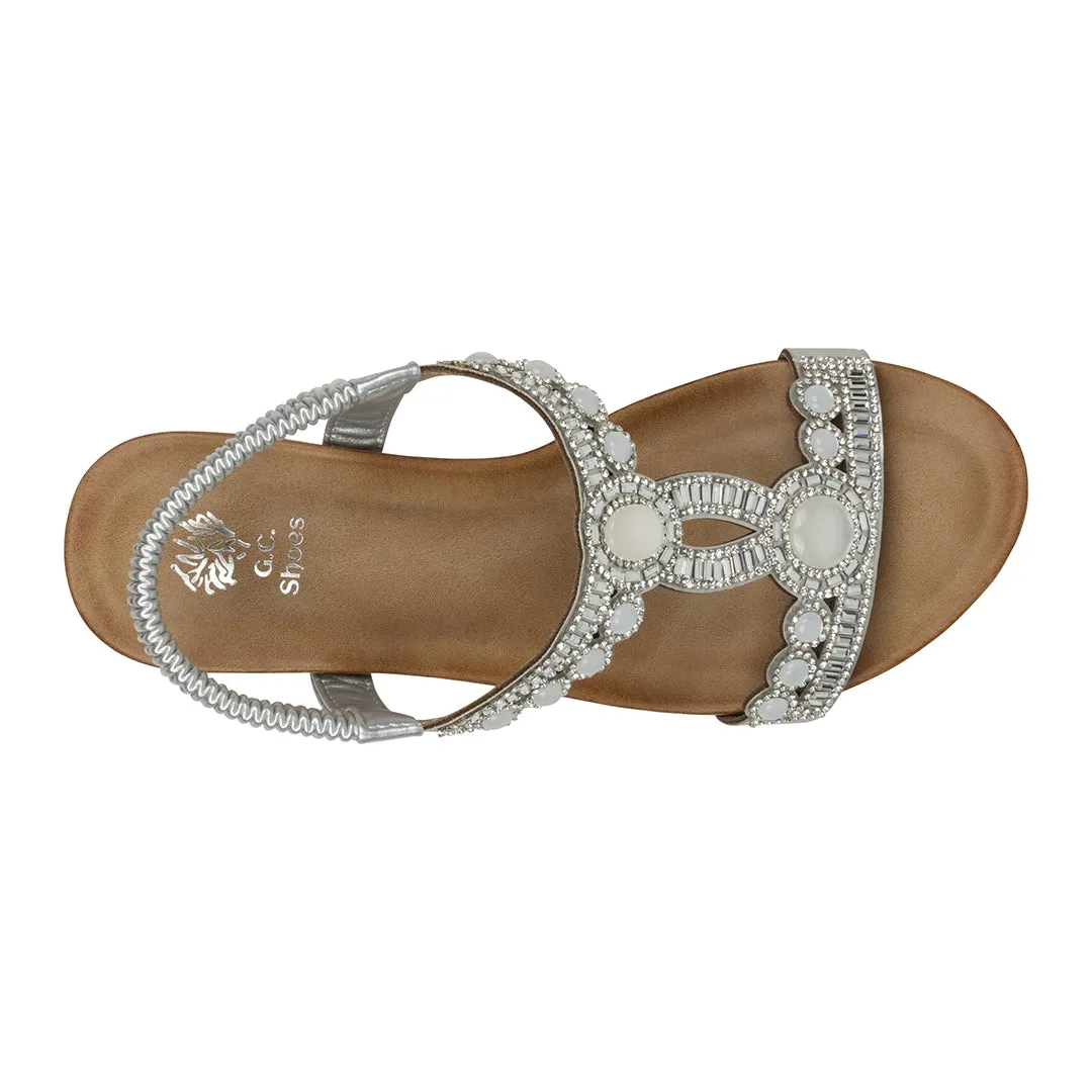 Fiah Silver Jeweled Slingback Wedge Sandals