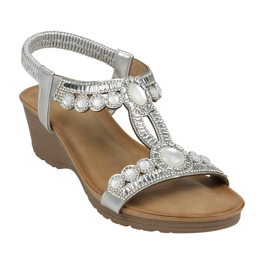 Fiah Silver Jeweled Slingback Wedge Sandals