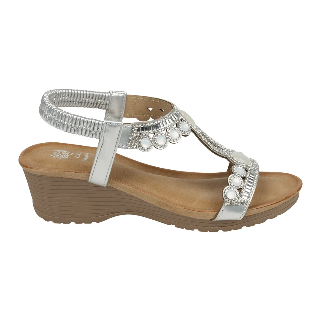 Fiah Silver Jeweled Slingback Wedge Sandals