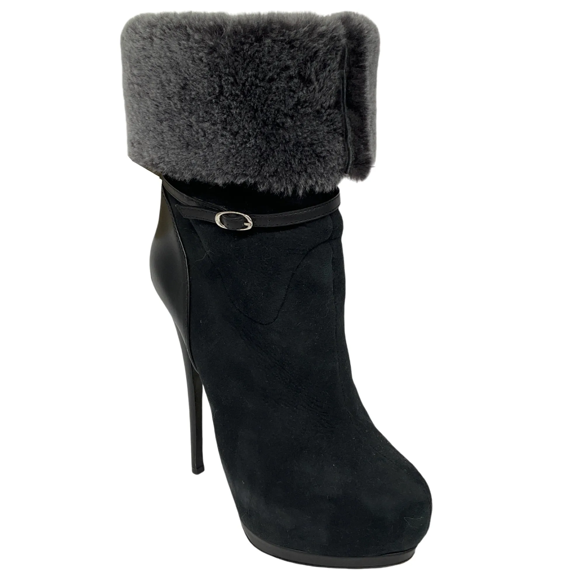 Giuseppe Zanotti Black / Grey Shearling Trimmed High Heeled Suede Booties