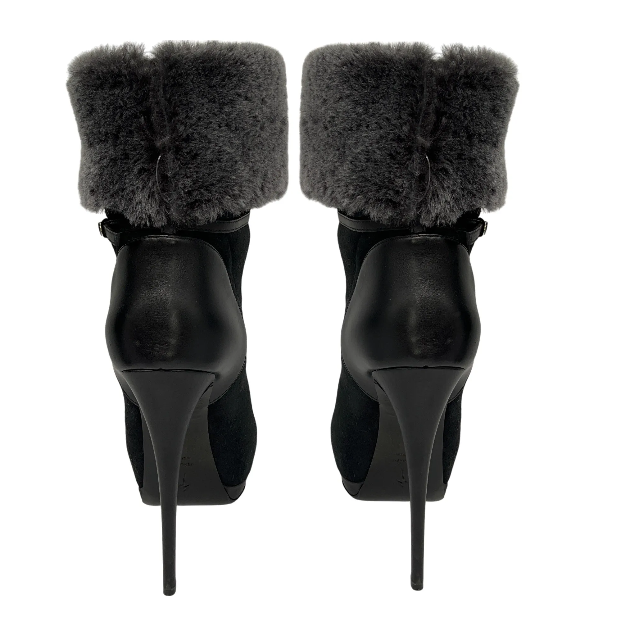 Giuseppe Zanotti Black / Grey Shearling Trimmed High Heeled Suede Booties