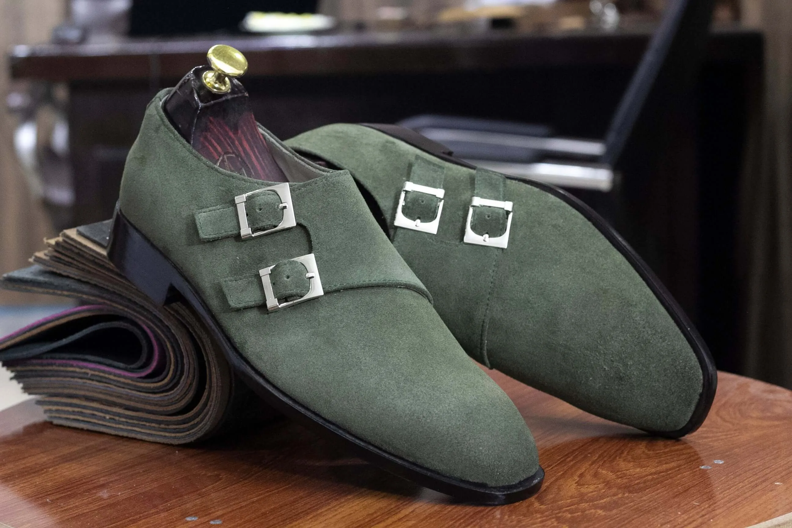 Handmade Olive Green Double Monk Suede Men's Slip On Shoes