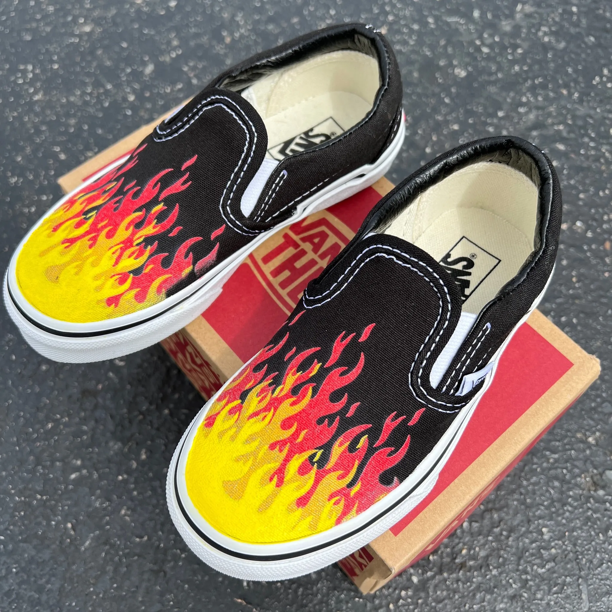 Hot Flame Shoes - Custom Vans Black Slip On Shoes