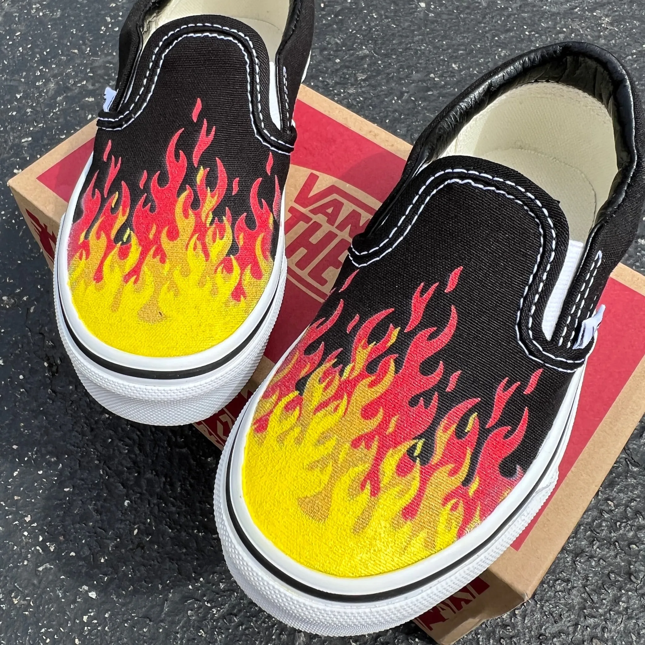 Hot Flame Shoes - Custom Vans Black Slip On Shoes