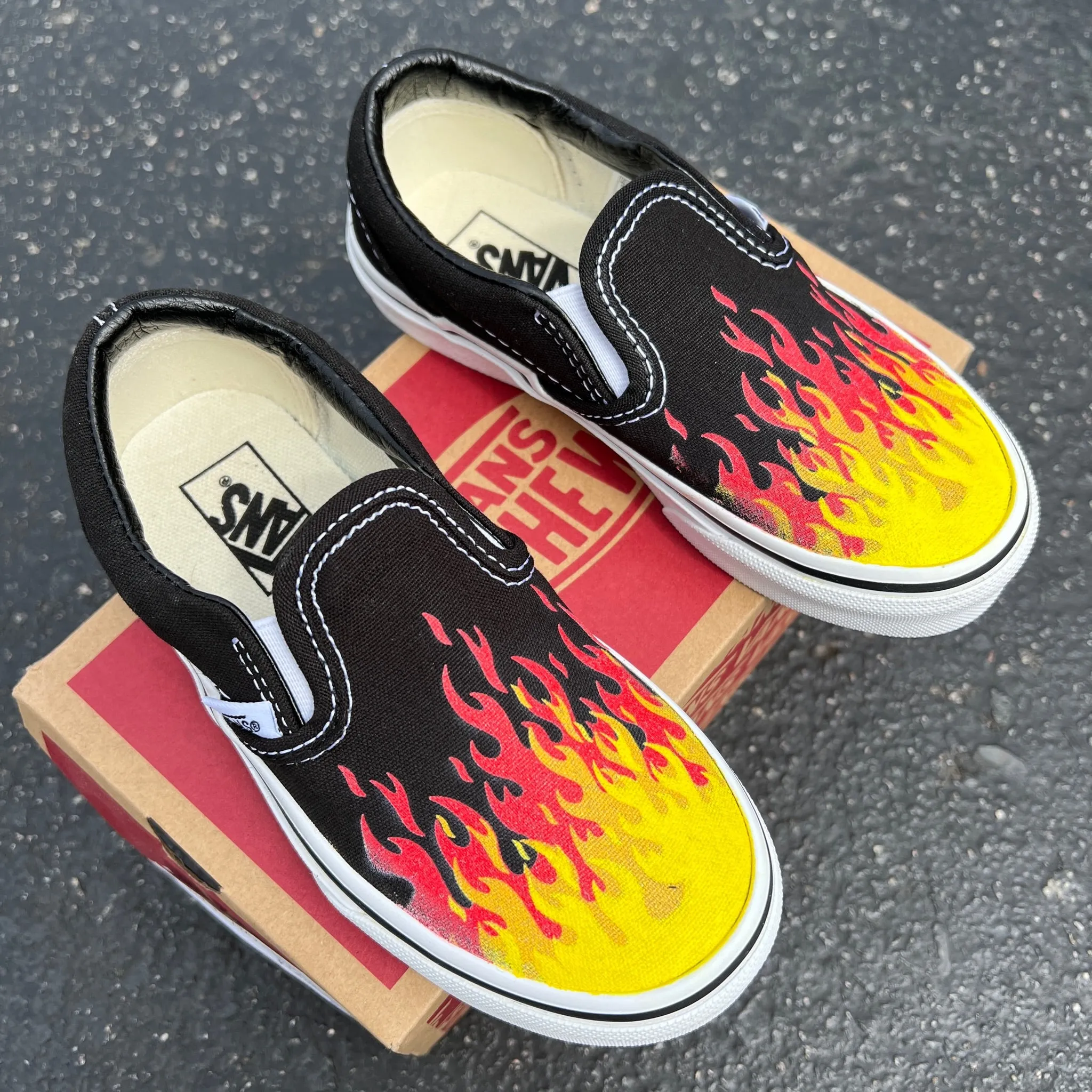 Hot Flame Shoes - Custom Vans Black Slip On Shoes