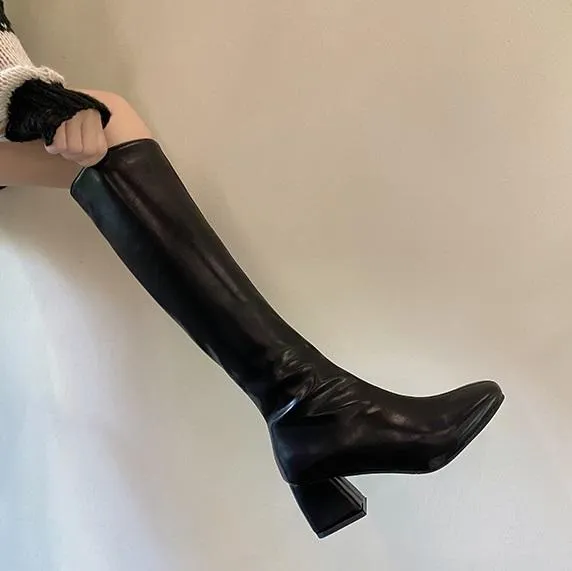 Leather Stitching Knee-High Chunky Heel Boots