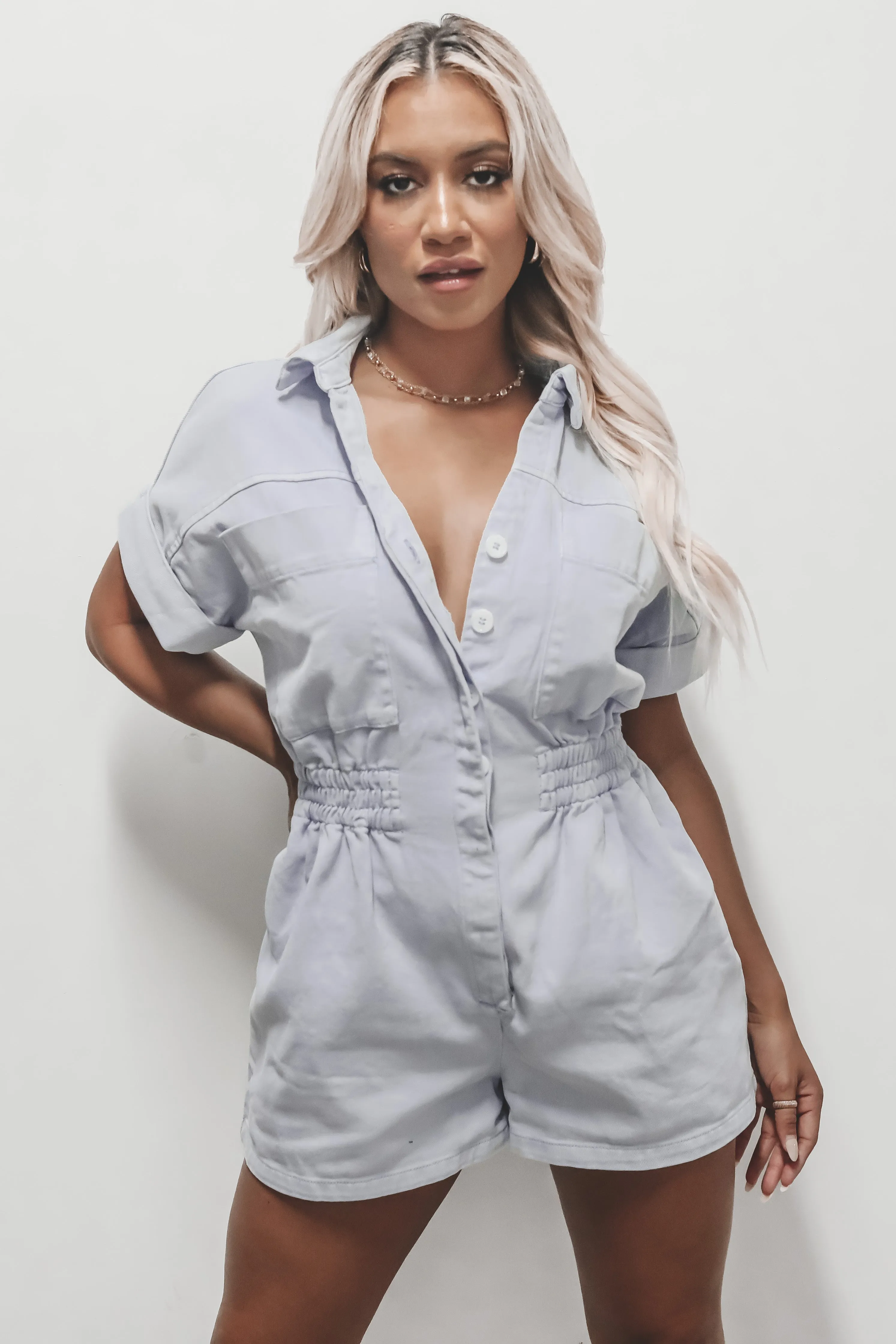 Long Walks On The Beach Light Blue Utily Romper