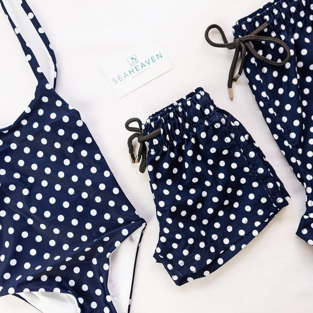 Matching Swimwear, Boys' Board Shorts, White on Navy Polka Dot