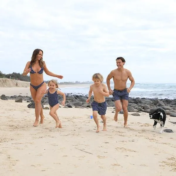 Matching Swimwear, Boys' Board Shorts, White on Navy Polka Dot