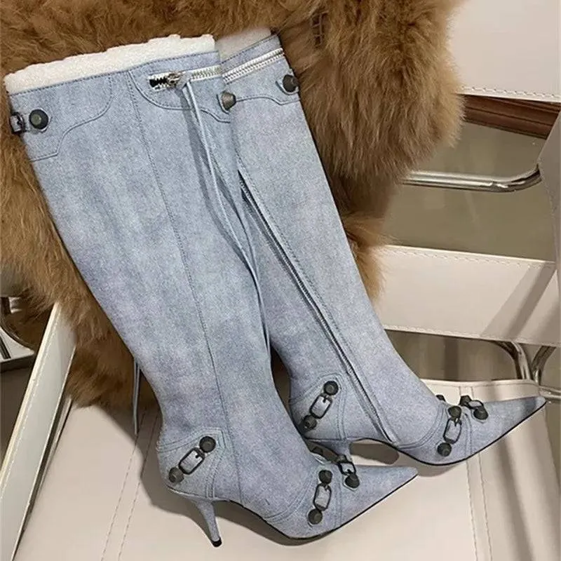 Metal Rivet High Knee Boots Pointed Toe Thin Heels