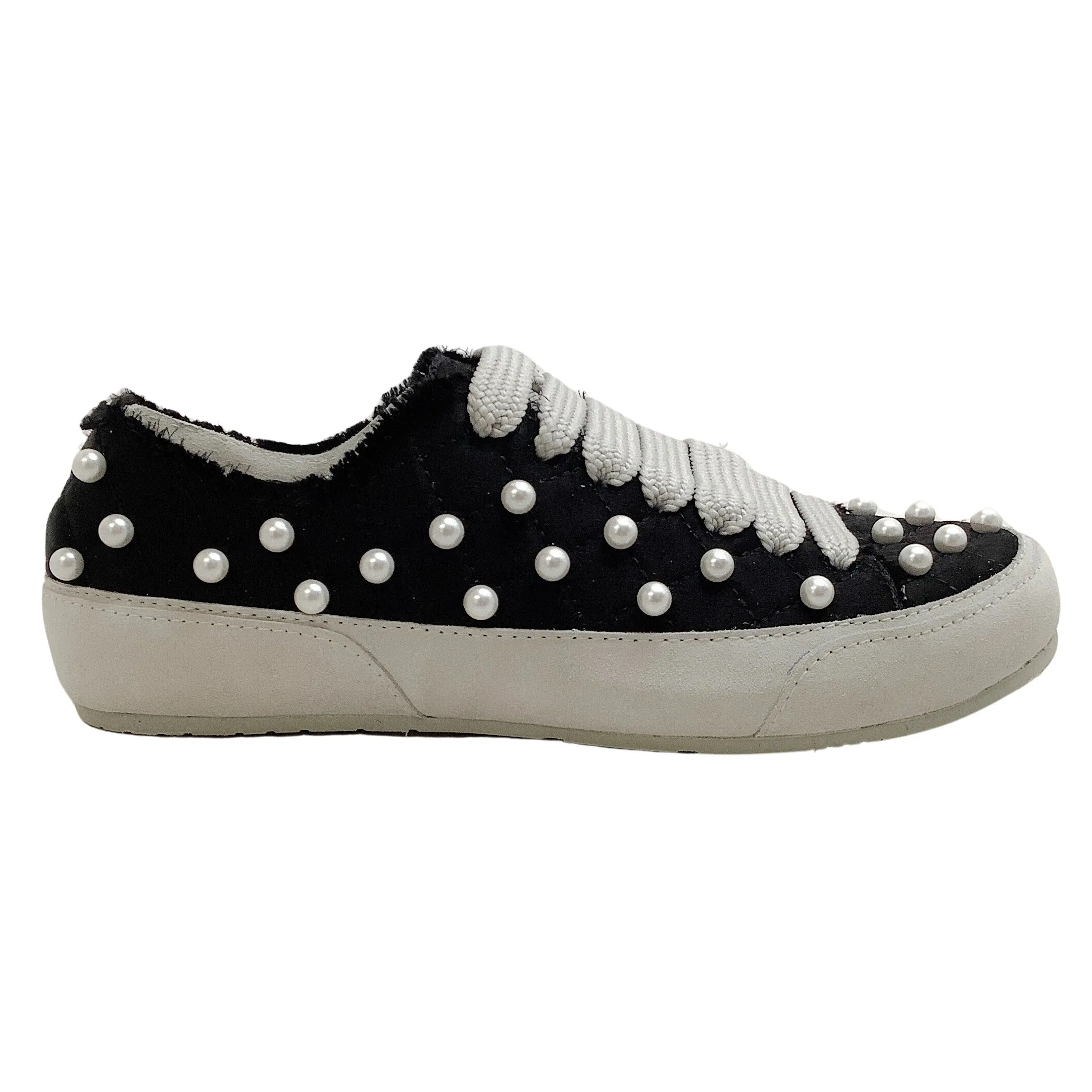 Pedro Garcia Black Satin Punet Sneakers with Pearl Embellishments