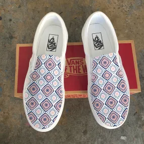 Pink and Navy Tile Pattern - Custom Vans White Slip On Shoes