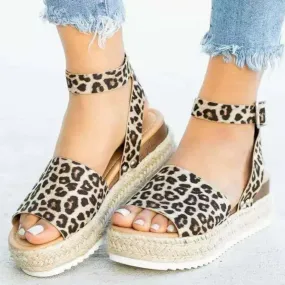 Platform Leopard Print Open Toe Backless Wedge Buckle Beach Sandals