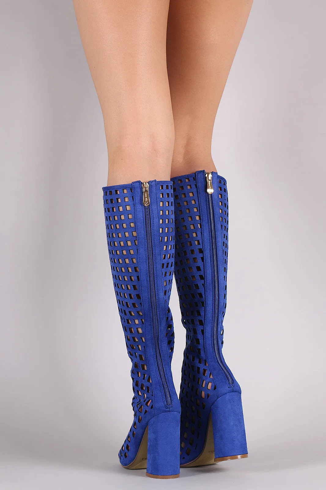 Rita - Suede Perforated Peep Toe Chunky Heeled Boots