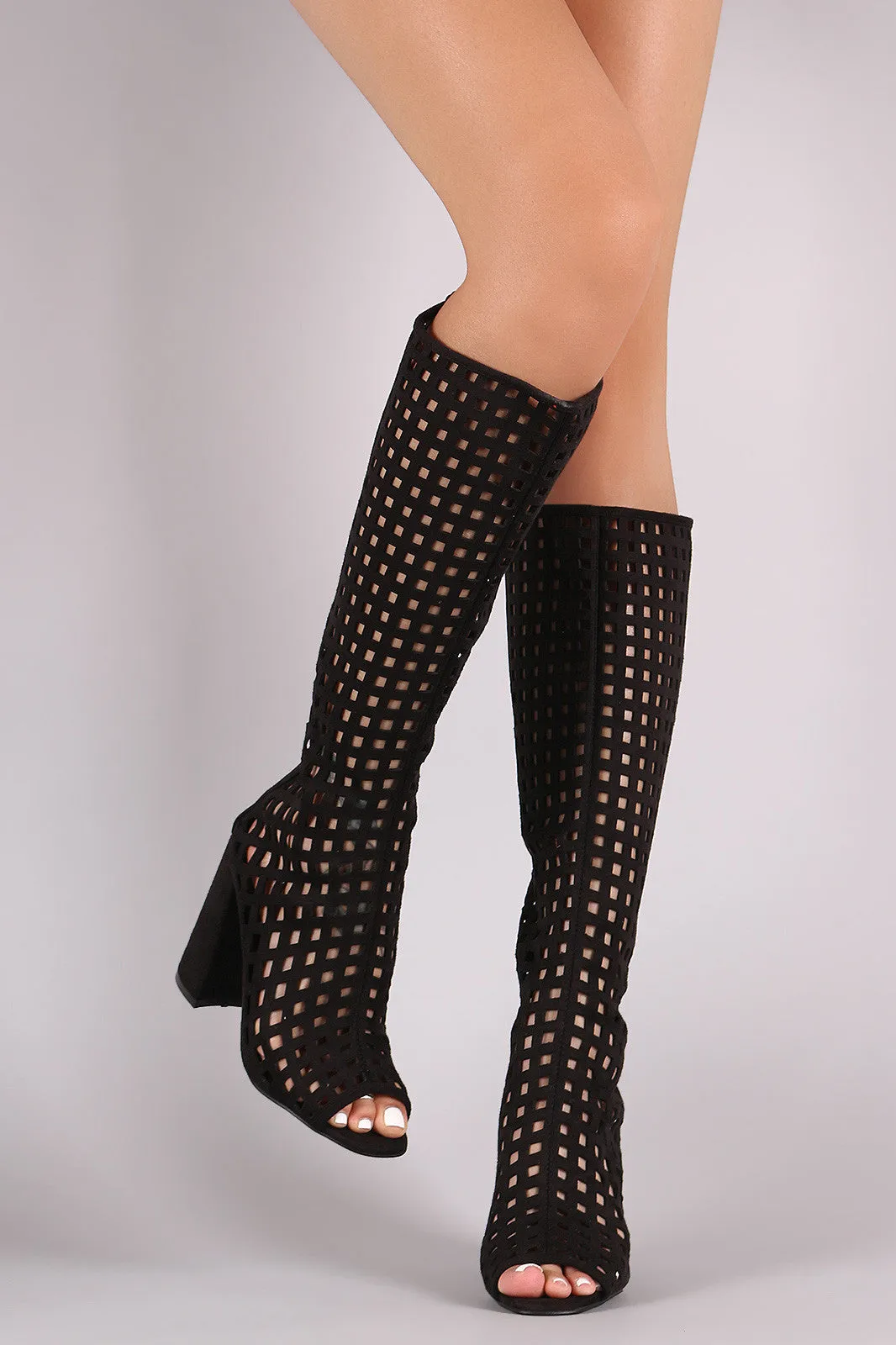 Rita - Suede Perforated Peep Toe Chunky Heeled Boots