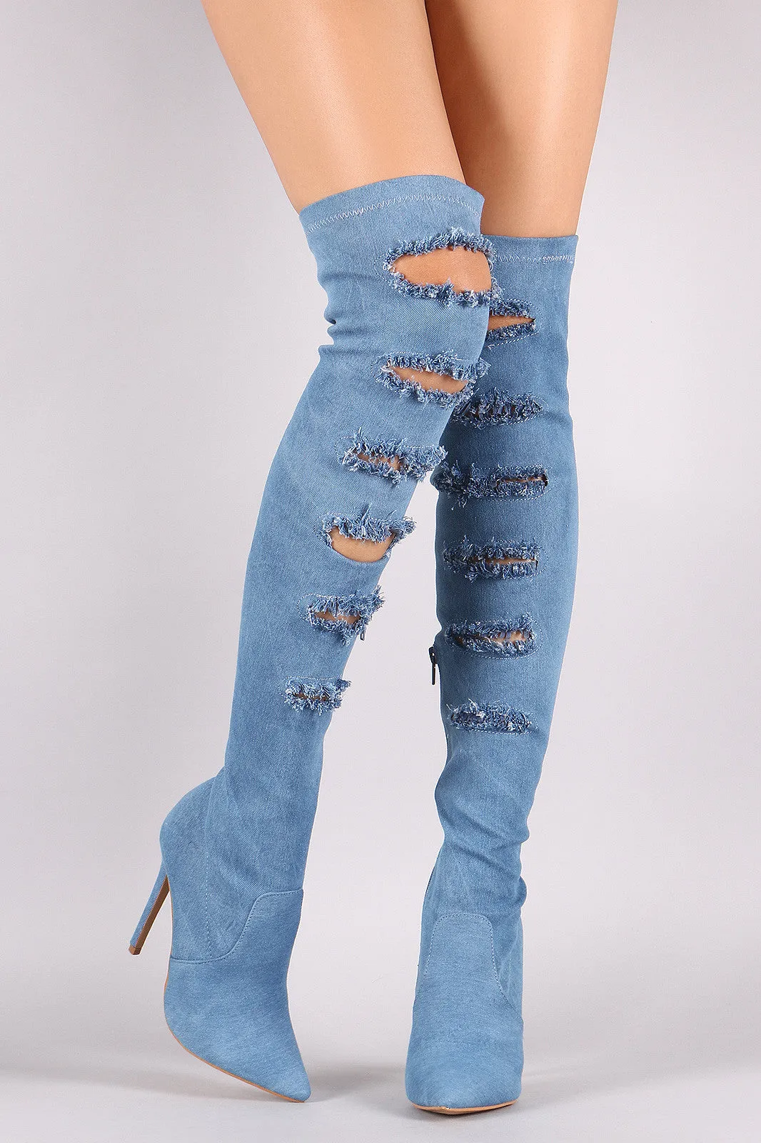 Shoe Republic LA Ripped Denim Stiletto Over-The-Knee Boots