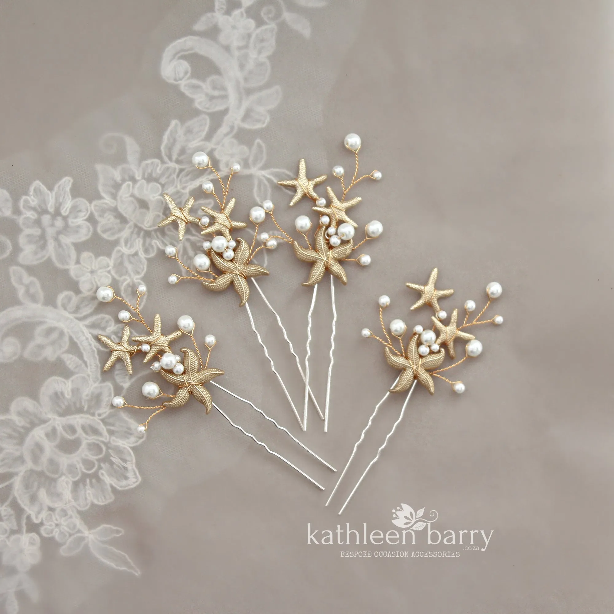 Starfish and pearl hair pin sea star beach wedding - Sold Individually - silver, gold or rose gold